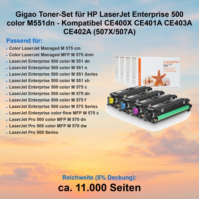 Gigao Toner-Set für HP LaserJet Enterprise 500 color M551dn - Kompatibel CE400X CE401A CE403A CE402A (507X/507A)