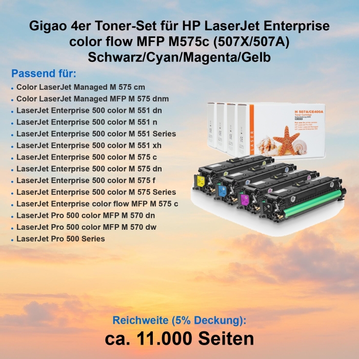 Gigao 4er Toner-Set für HP LaserJet Enterprise color flow MFP M575c (507X/507A) Schwarz/Cyan/Magenta/Gelb