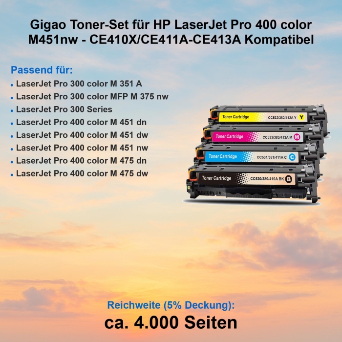 Gigao Toner-Set HP LaserJet Pro 400 color M451nw - CE410X/CE411A-CE413A Kompatibel