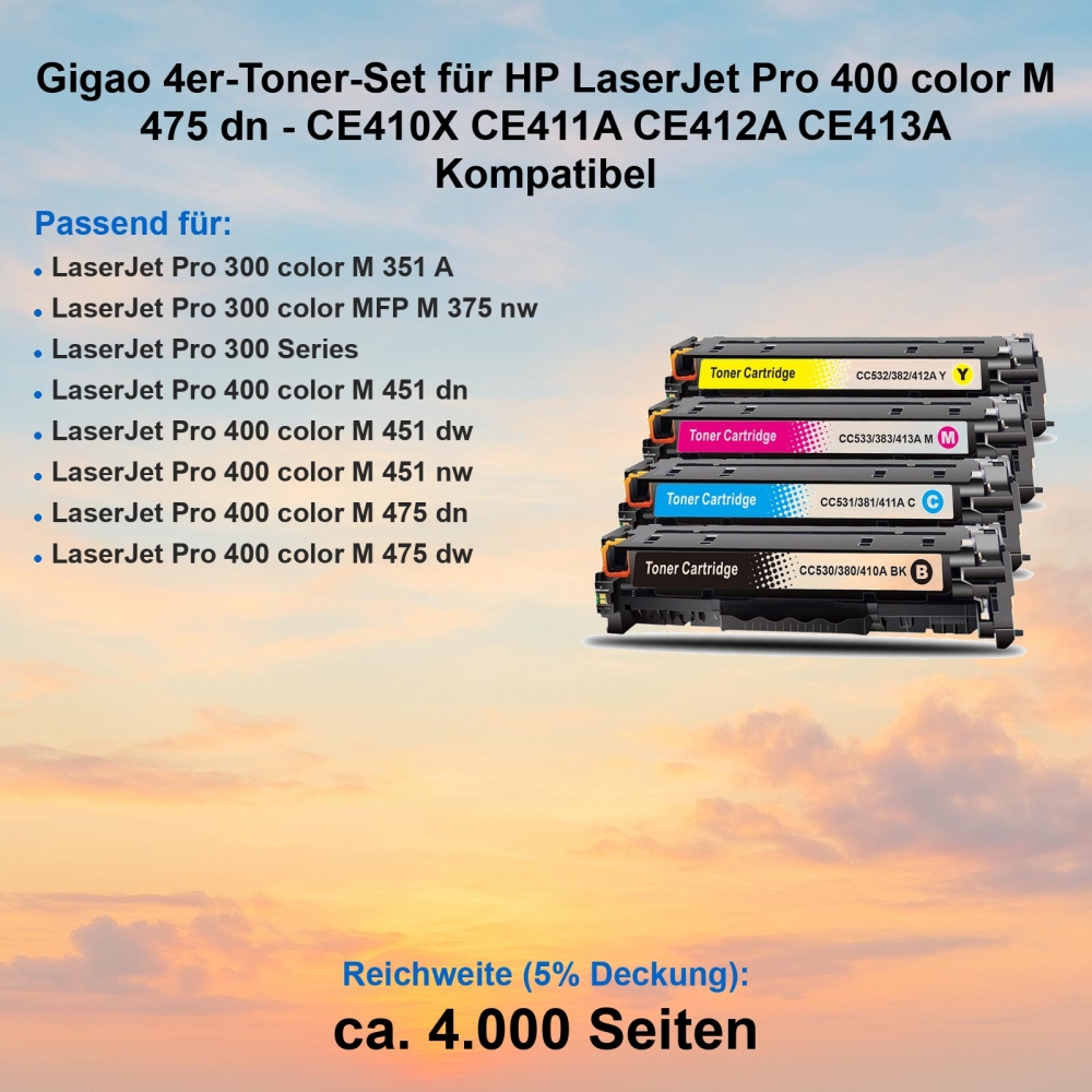 Gigao 4er-Toner-Set HP LaserJet Pro 400 color M 475 dn - CE410X CE411A CE412A CE413A Kompatibel