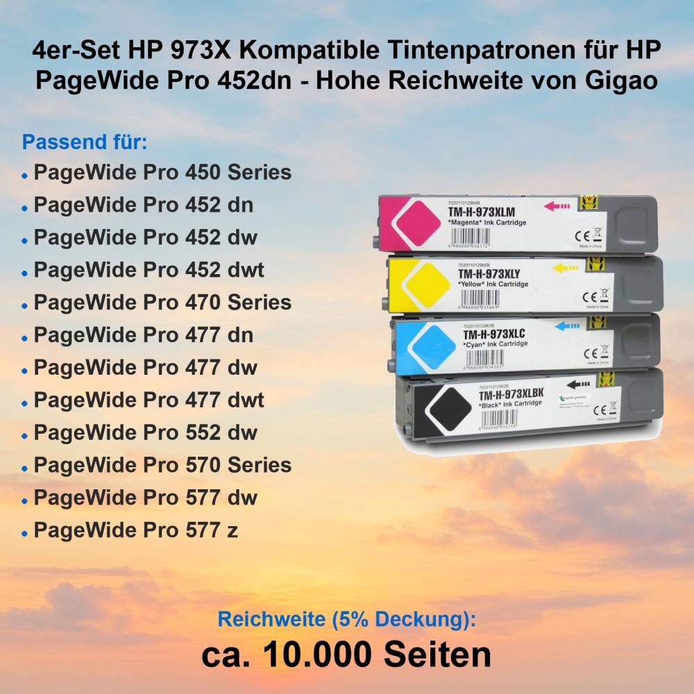 4er-Set HP 973X Kompatible Tintenpatronen für HP PageWide Pro 452dn - Hohe Reichweite von Gigao