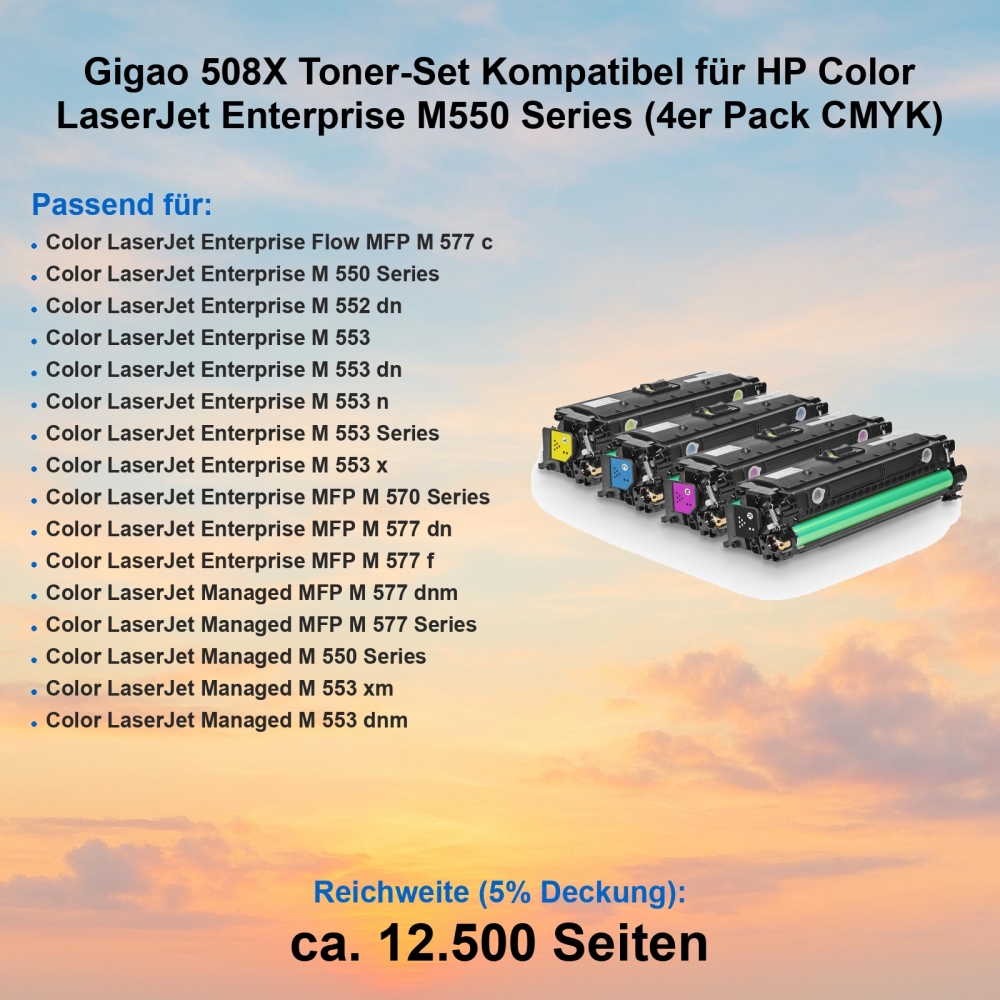 Gigao 508X Toner-Set Kompatibel für HP Color LaserJet Enterprise M550 Series (4er Pack CMYK)