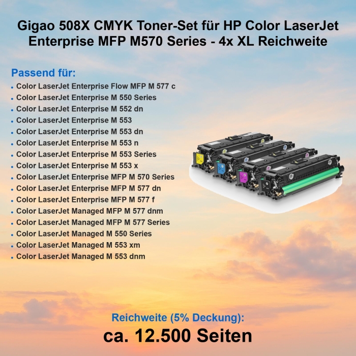 Gigao 508X CMYK Toner-Set für HP Color LaserJet Enterprise MFP M570 Series - 4x XL Reichweite
