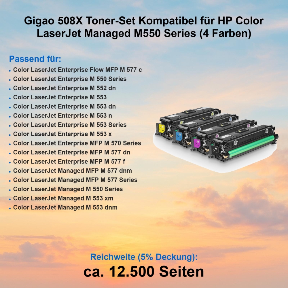 Gigao 508X Toner-Set Kompatibel für HP Color LaserJet Managed M550 Series (4 Farben)