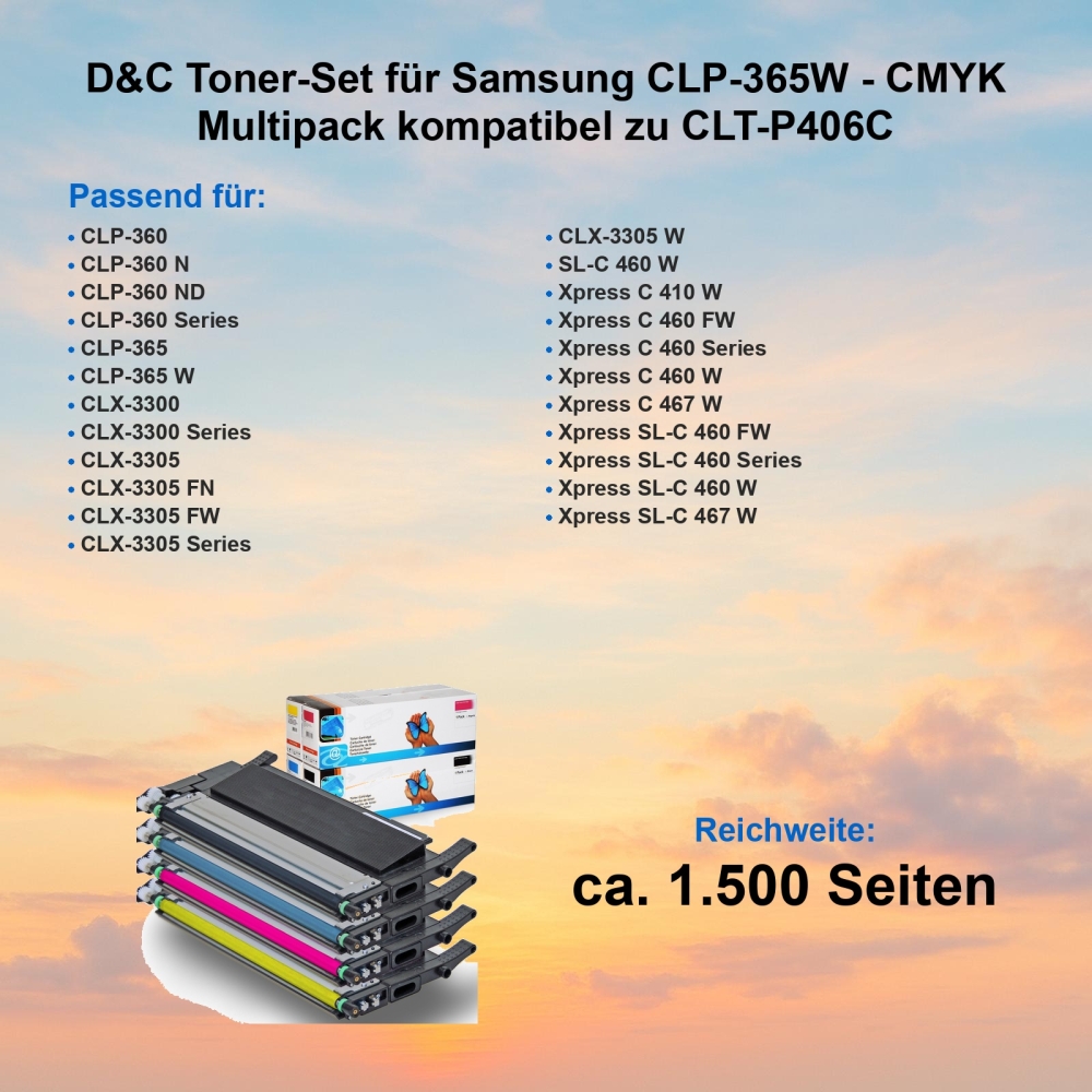 D&C Toner-Set für Samsung CLP-365W - CMYK Multipack kompatibel zu CLT-P406C