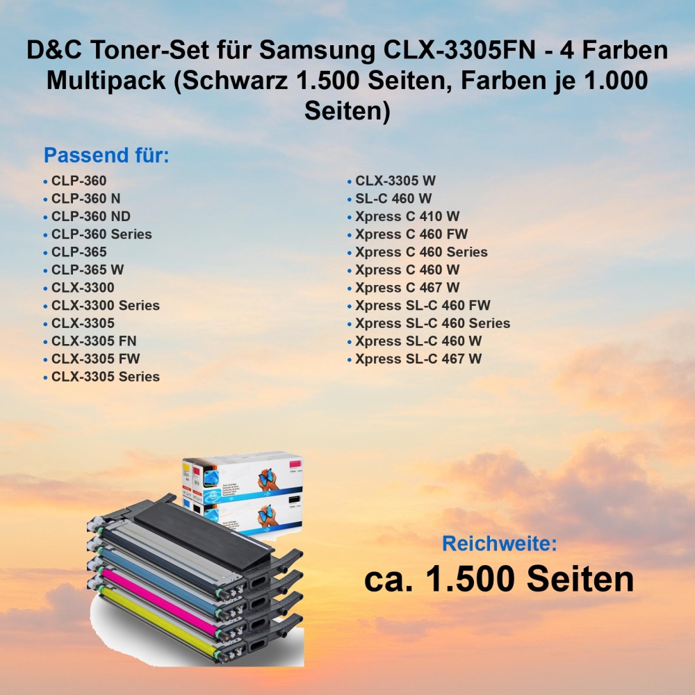 D&C Toner-Set für Samsung CLX-3305FN - 4 Farben Multipack (Schwarz 1.500 Seiten, Farben je 1.000 Seiten)