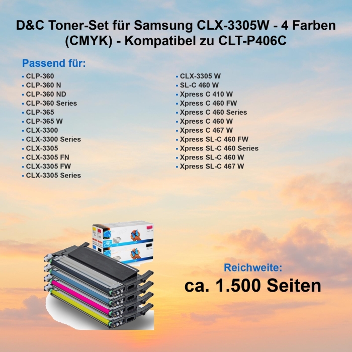 D&C Toner-Set für Samsung CLX-3305W - 4 Farben (CMYK) - Kompatibel zu CLT-P406C