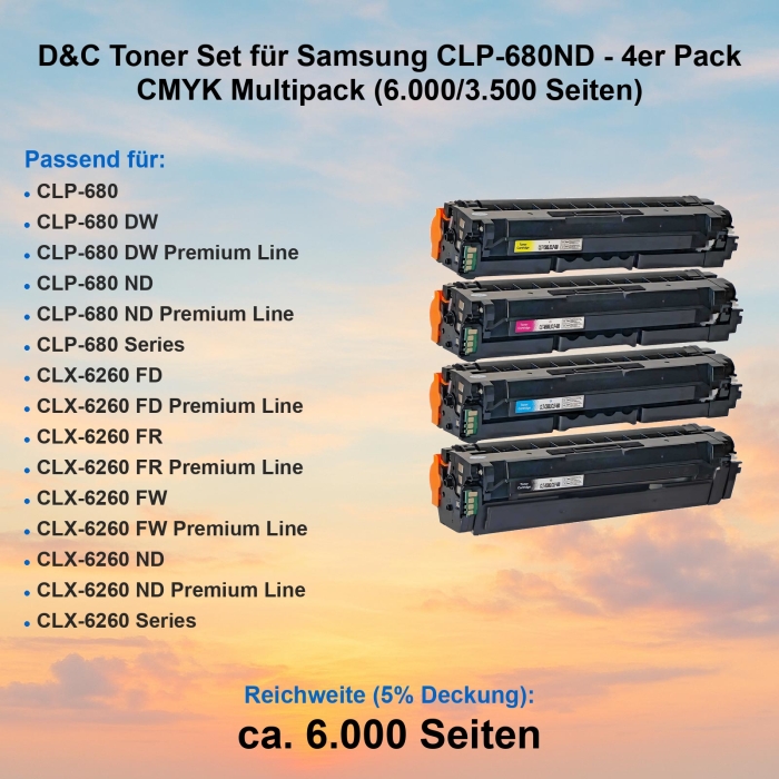 D&C Toner Set für Samsung CLP-680ND - 4er Pack CMYK Multipack (6.000/3.500 Seiten)