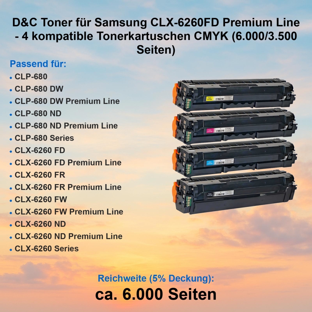 D&C Toner für Samsung CLX-6260FD Premium Line - 4 kompatible Tonerkartuschen CMYK (6.000/3.500 Seiten)