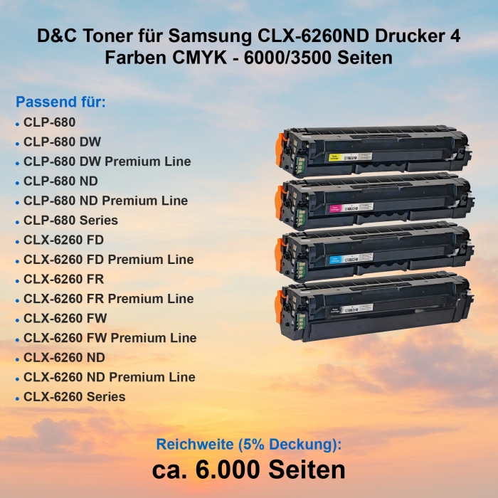 D&C Toner für Samsung CLX-6260ND Drucker 4 Farben CMYK - 6000/3500 Seiten