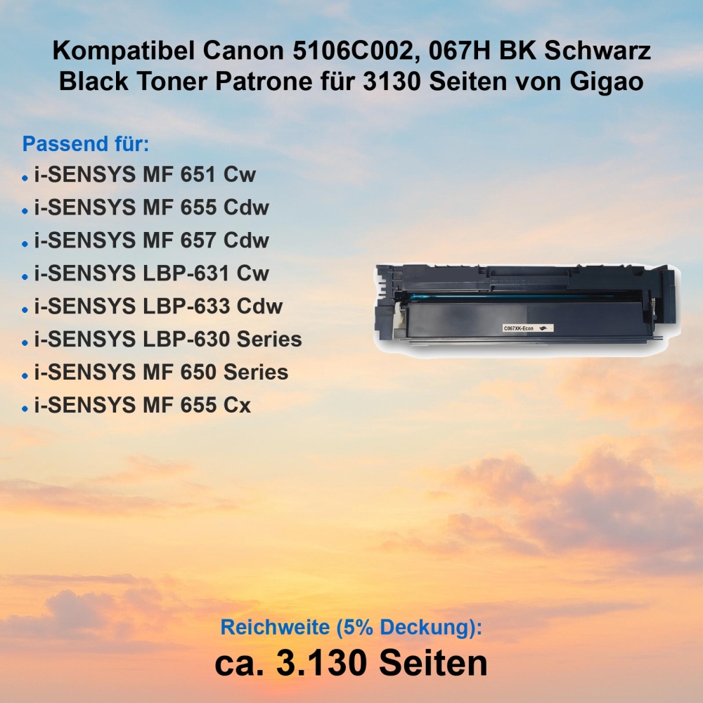 Kompatibel Canon 5106C002, 067H BK Schwarz Black Toner Patrone für 3130 Seiten von Gigao