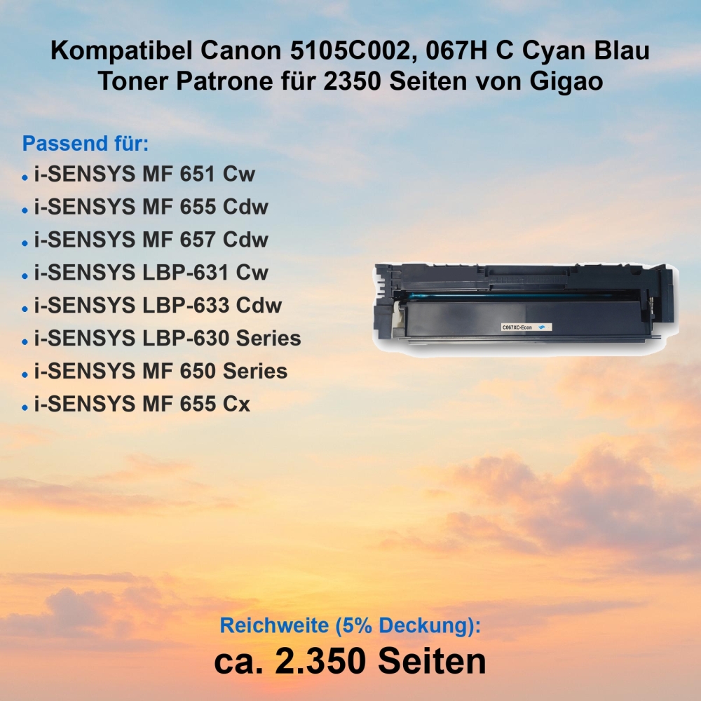Kompatibel Canon 5105C002, 067H C Cyan Blau Toner Patrone für 2350 Seiten von Gigao