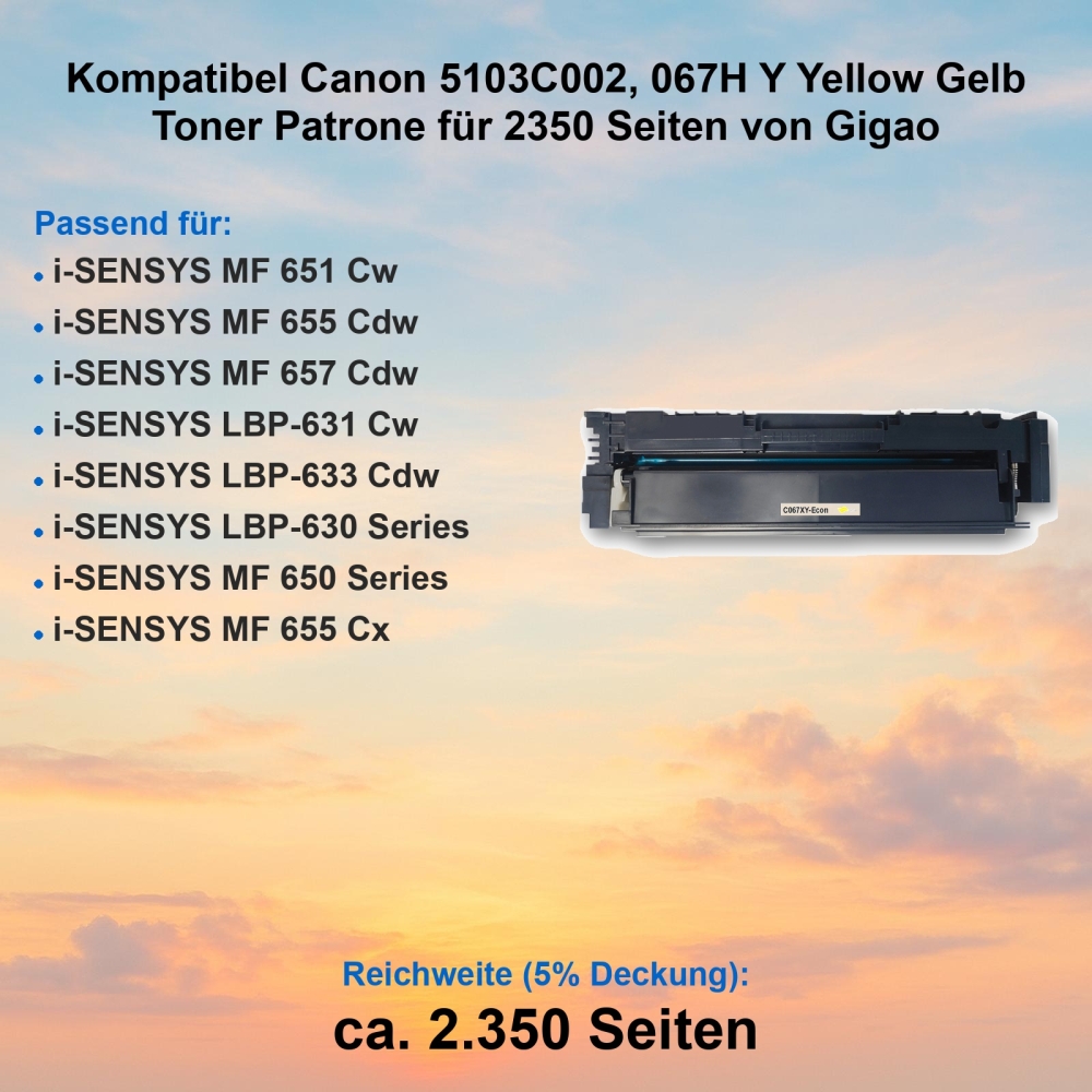 Kompatibel Canon 5103C002, 067H Y Yellow Gelb Toner Patrone für 2350 Seiten von Gigao