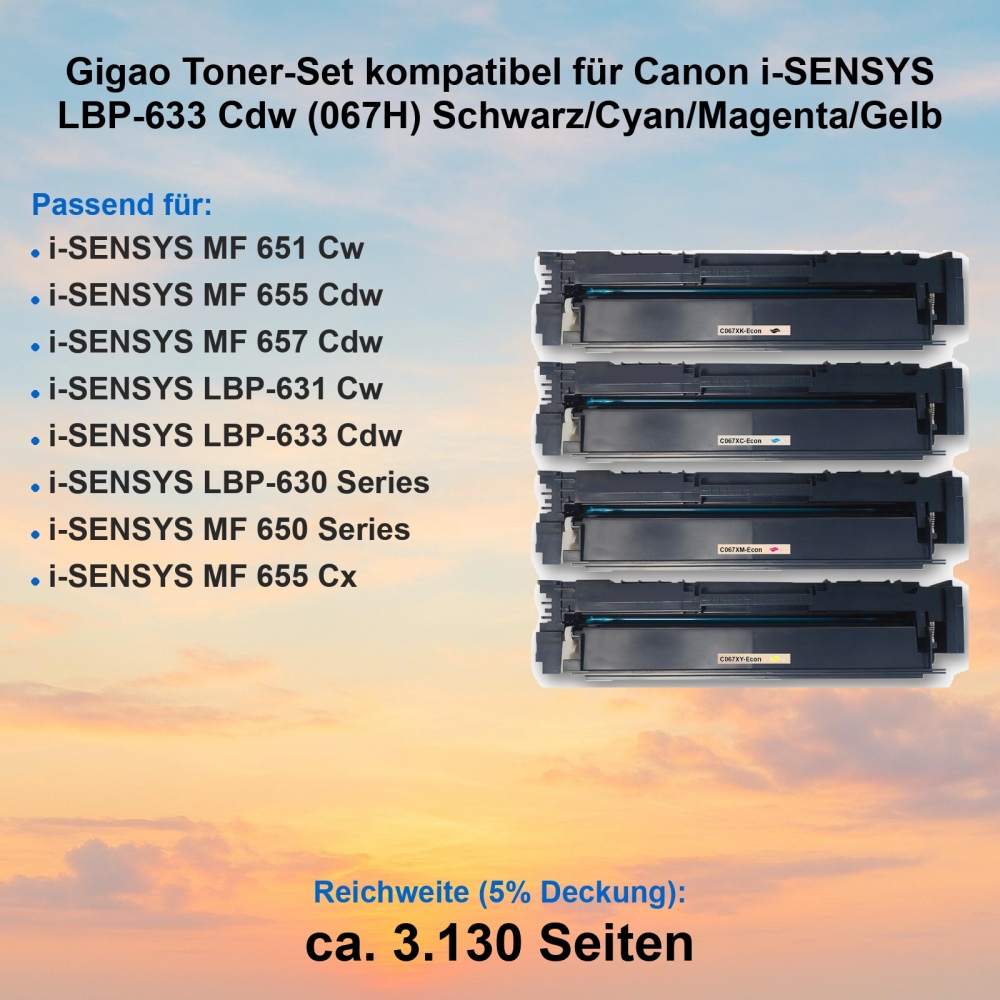 Gigao Toner-Set kompatibel für Canon i-SENSYS LBP-633 Cdw (067H) Schwarz/Cyan/Magenta/Gelb