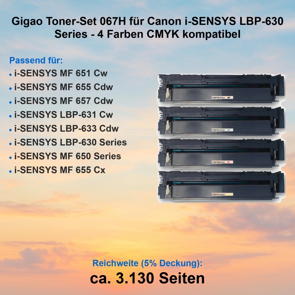 Gigao Toner-Set 067H für Canon i-SENSYS LBP-630 Series - 4 Farben CMYK kompatibel