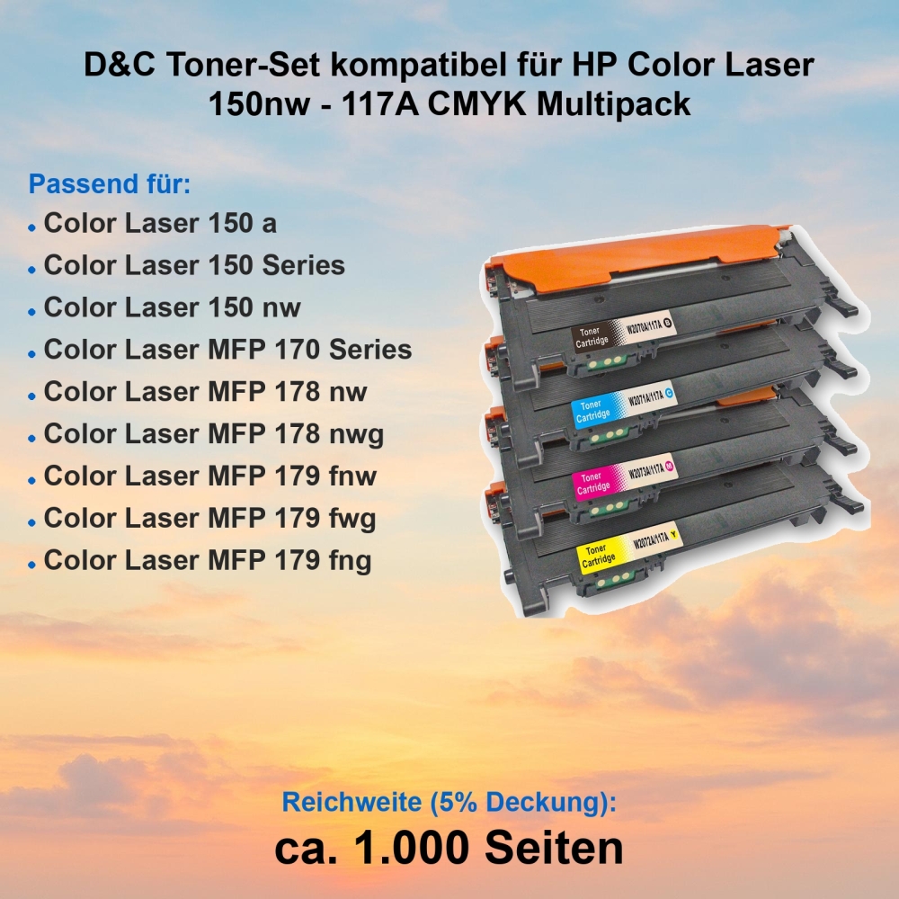 D&C Toner-Set kompatibel für HP Color Laser 150nw - 117A CMYK Multipack