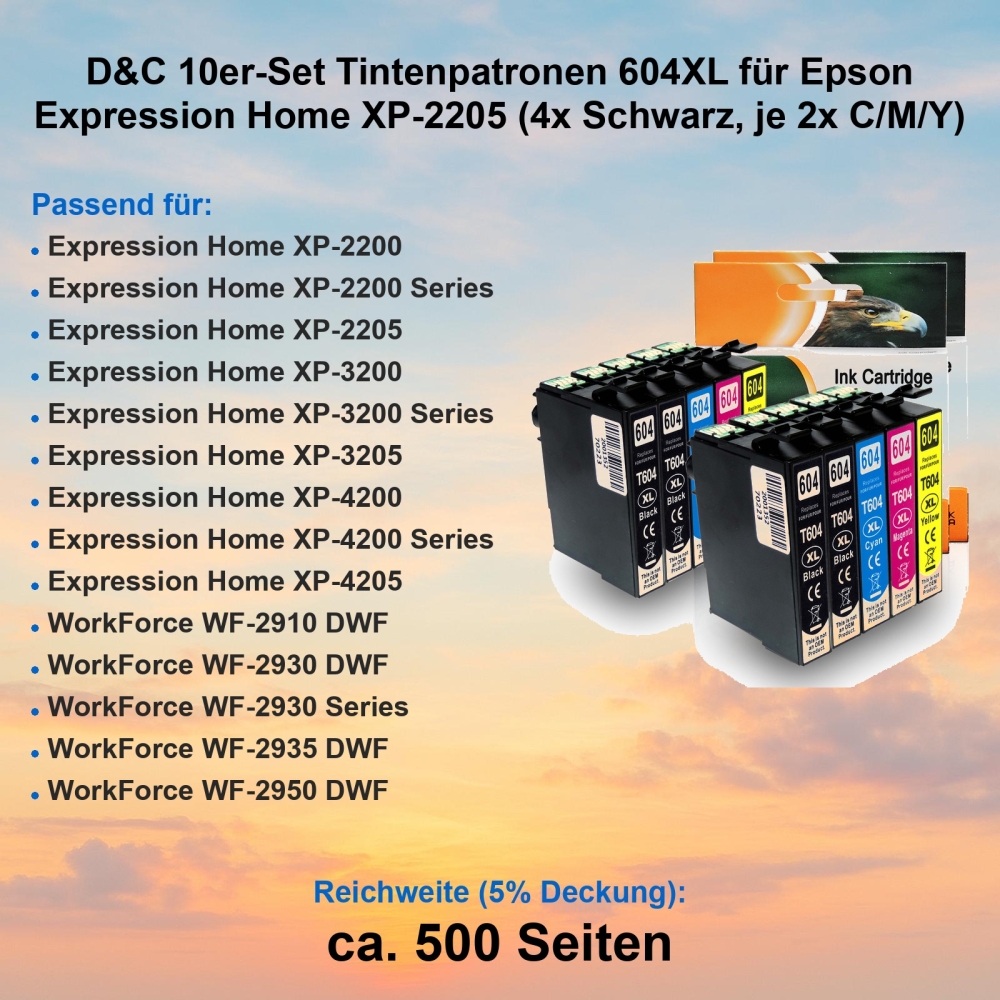 D&C 10er-Set Tintenpatronen 604XL für Epson Expression Home XP-2205 (4x Schwarz, je 2x C/M/Y)