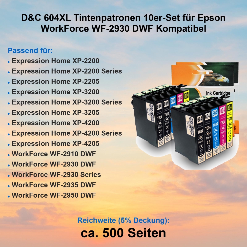 D&C 604XL Tintenpatronen 10er-Set für Epson WorkForce WF-2930 DWF Kompatibel