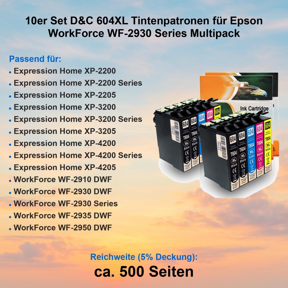 10er Set D&C 604XL Tintenpatronen für Epson WorkForce WF-2930 Series Multipack