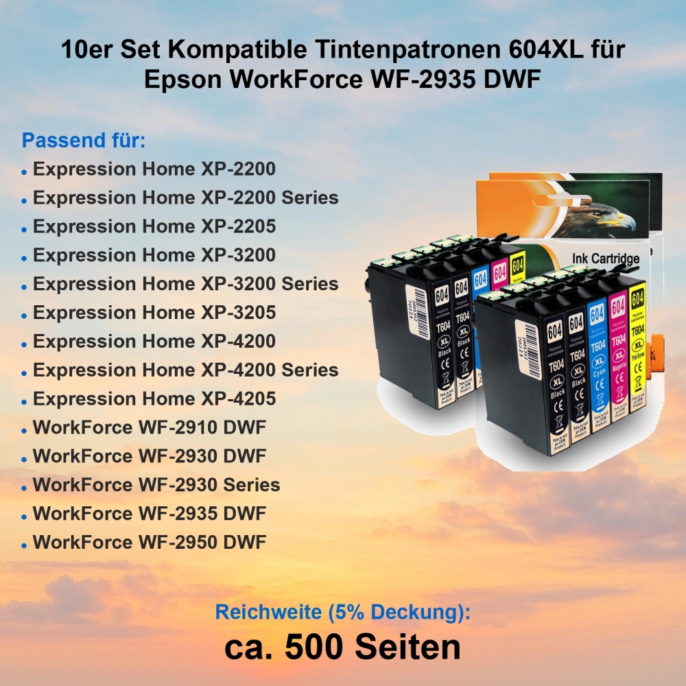 10er Set Kompatible Tintenpatronen 604XL für Epson WorkForce WF-2935 DWF