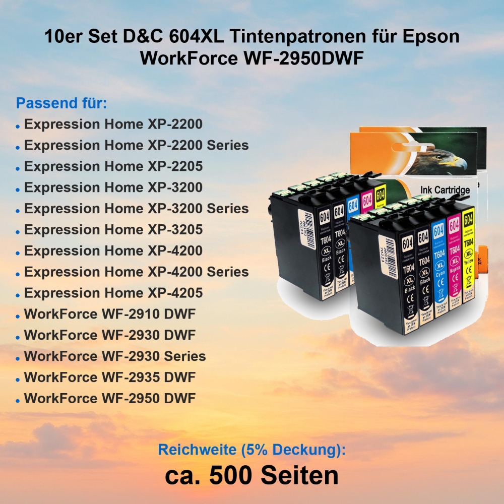10er Set D&C 604XL Tintenpatronen für Epson WorkForce WF-2950DWF