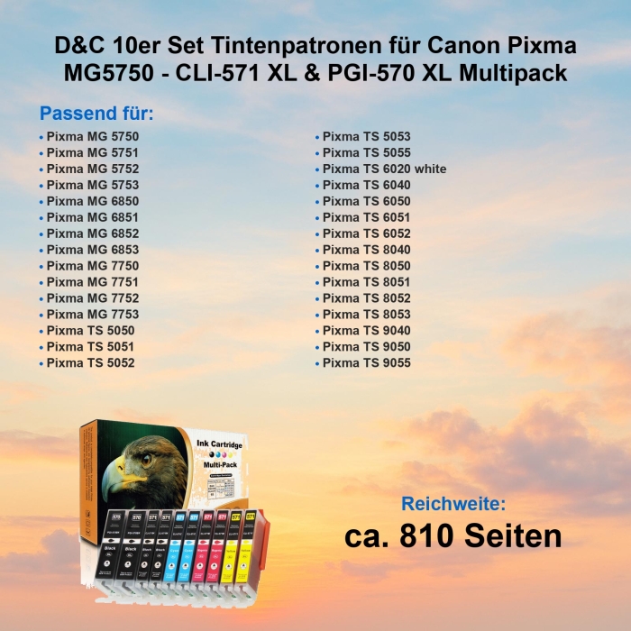 10 Tinten für Pixma MG5750 kompatibel Canon CLI-571 XL / PGI-570 XL Multipack von D&C