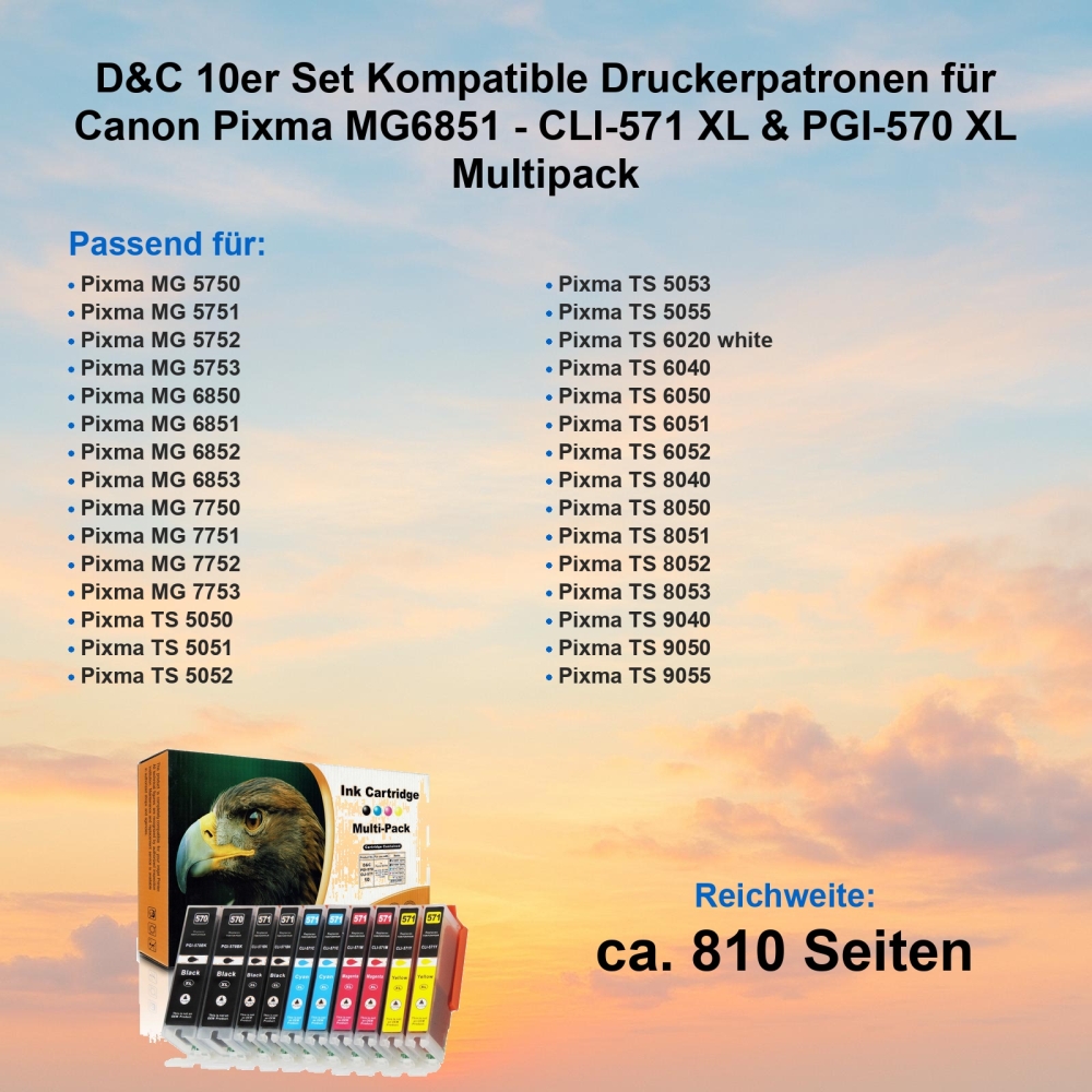 10 Tinten für Pixma MG6851 kompatibel Canon CLI-571 XL / PGI-570 XL Multipack von D&C