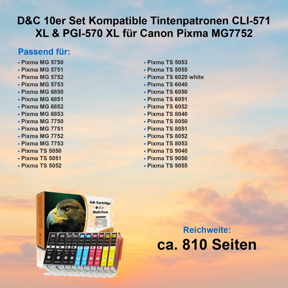 10 Tinten für Pixma MG7752 kompatibel Canon CLI-571 XL / PGI-570 XL Multipack von D&C