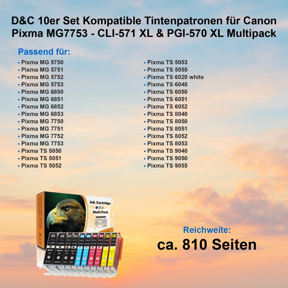 10 Tinten für Pixma MG7753 kompatibel Canon CLI-571 XL / PGI-570 XL Multipack von D&C