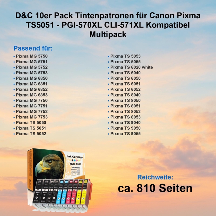 10 Tinten für Pixma TS5051 kompatibel Canon CLI-571 XL / PGI-570 XL Multipack von D&C