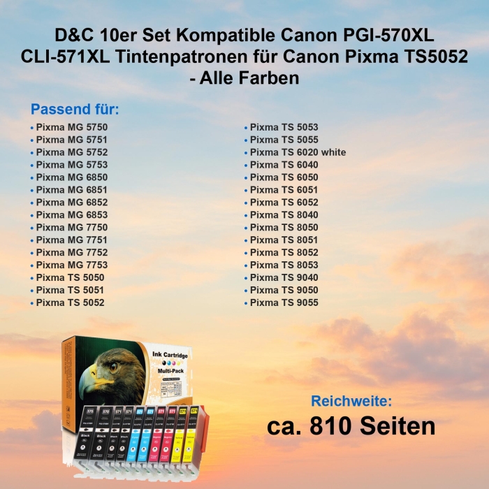 10 Tinten für Pixma TS5052 kompatibel Canon CLI-571 XL / PGI-570 XL Multipack von D&C