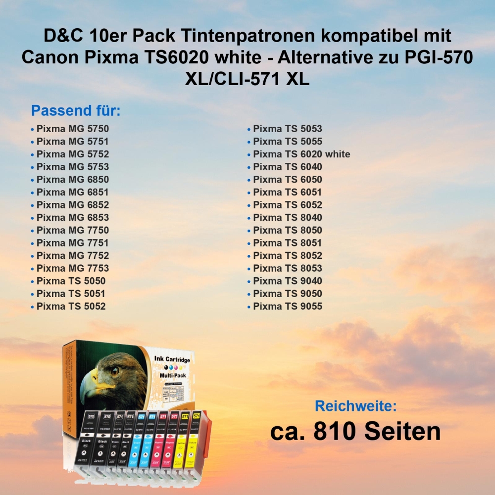 10 Tinten für Pixma TS6020 kompatibel Canon CLI-571 XL / PGI-570 XL Multipack von D&C