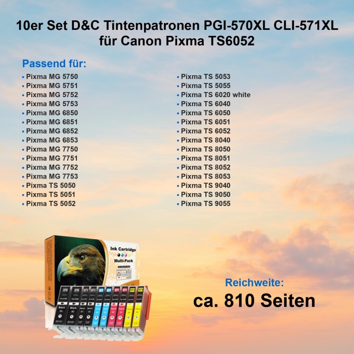 10 Tinten für Pixma TS6052 kompatibel Canon CLI-571 XL / PGI-570 XL Multipack von D&C