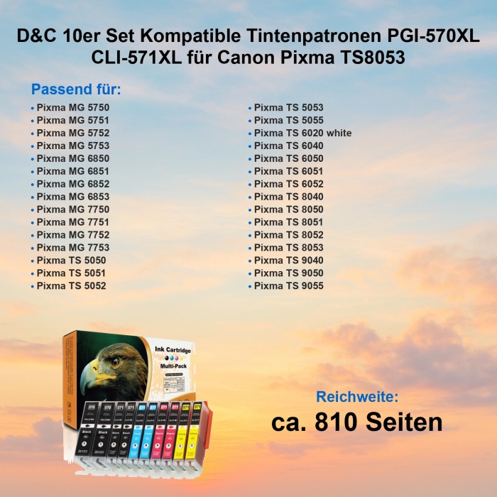 10 Tinten für Pixma TS8053 kompatibel Canon CLI-571 XL / PGI-570 XL Multipack von D&C