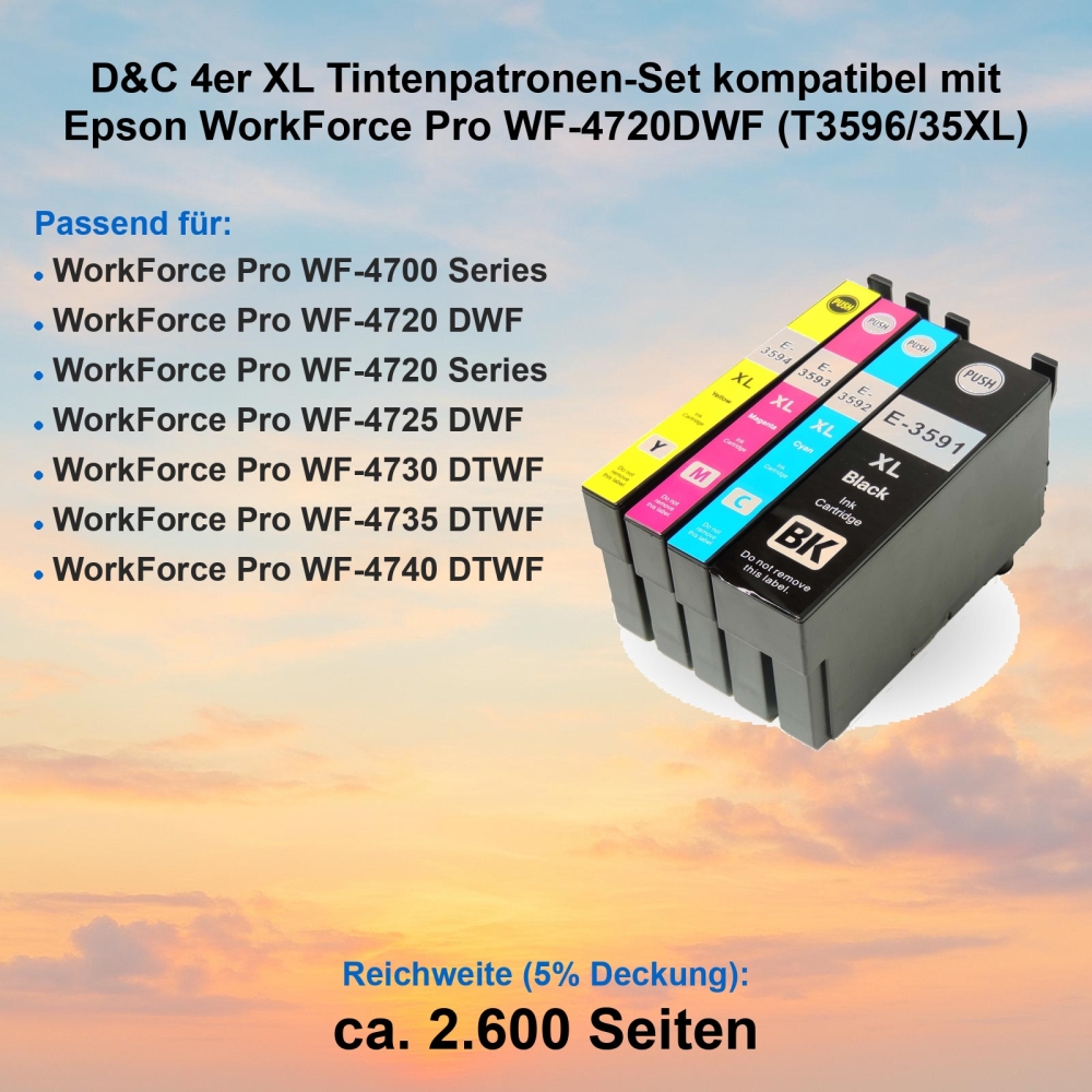 D&C 4er XL Tintenpatronen-Set kompatibel mit Epson WorkForce Pro WF-4720DWF (T3596/35XL)