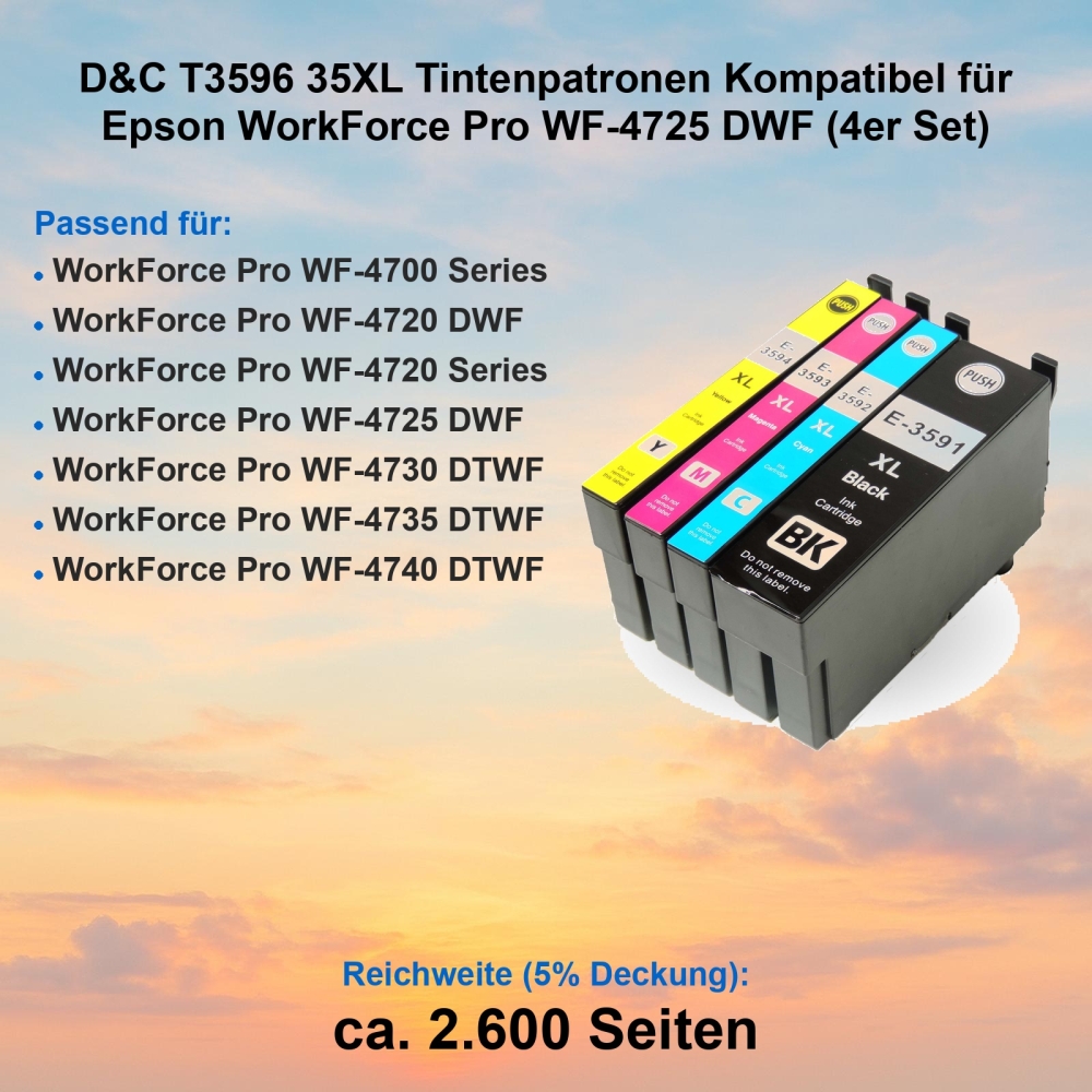 D&C T3596 35XL Tintenpatronen Kompatibel für Epson WorkForce Pro WF-4725 DWF (4er Set)