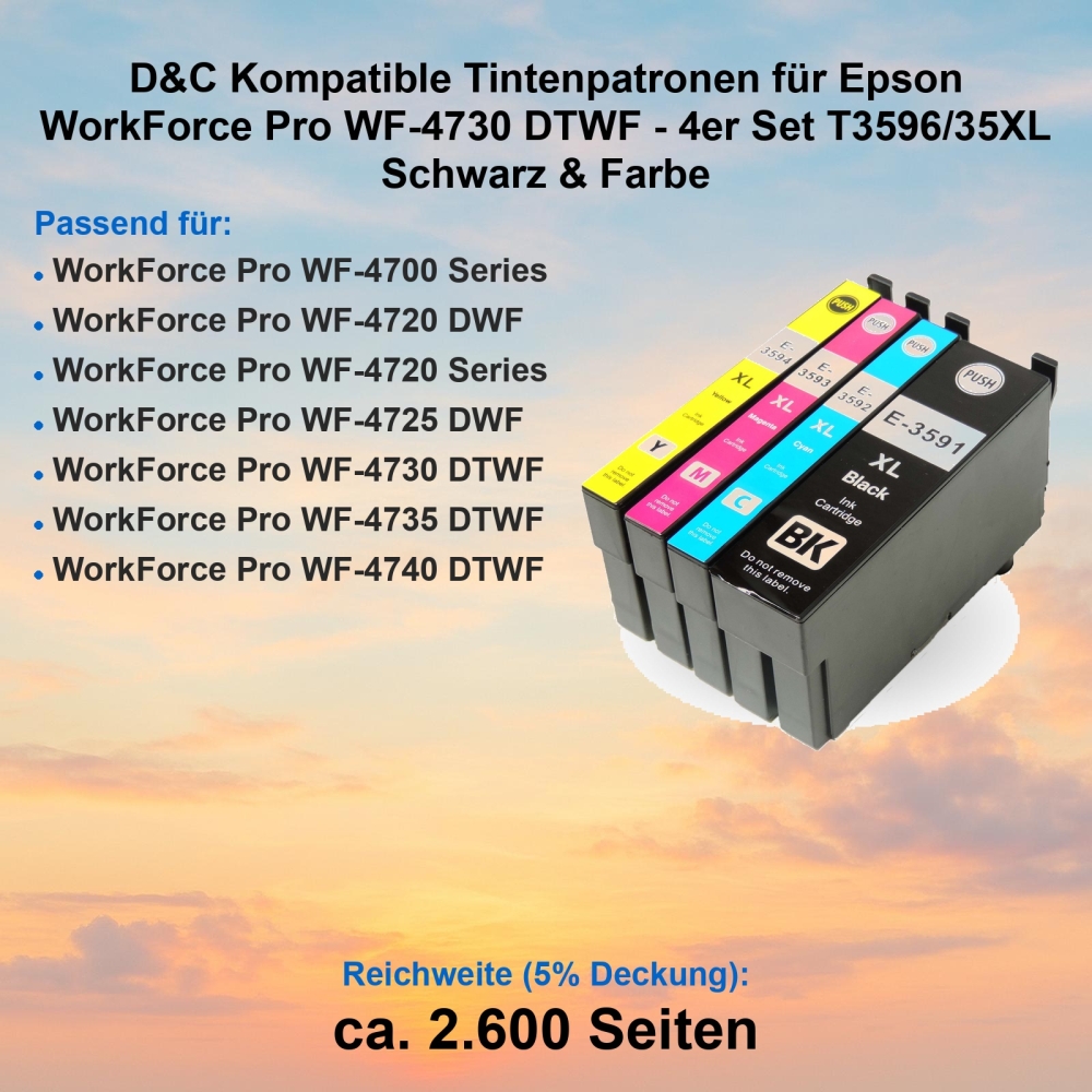 D&C Kompatible Tintenpatronen für Epson WorkForce Pro WF-4730 DTWF - 4er Set T3596/35XL Schwarz & Farbe