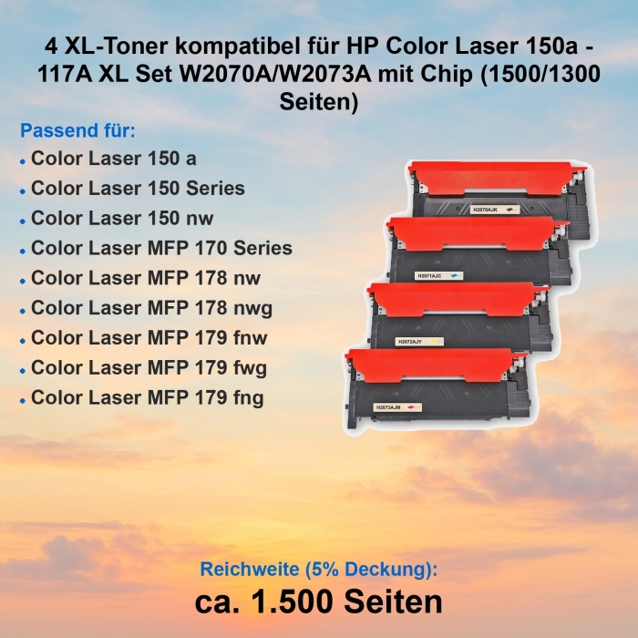 4 XL-Toner kompatibel für HP Color Laser 150a - 117A XL Set W2070A/W2073A mit Chip (1500/1300 Seiten)