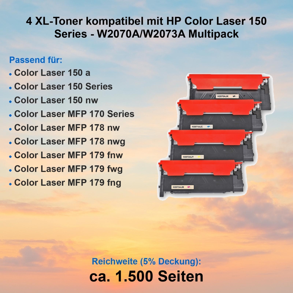 4 XL-Toner kompatibel mit HP Color Laser 150 Series - W2070A/W2073A Multipack