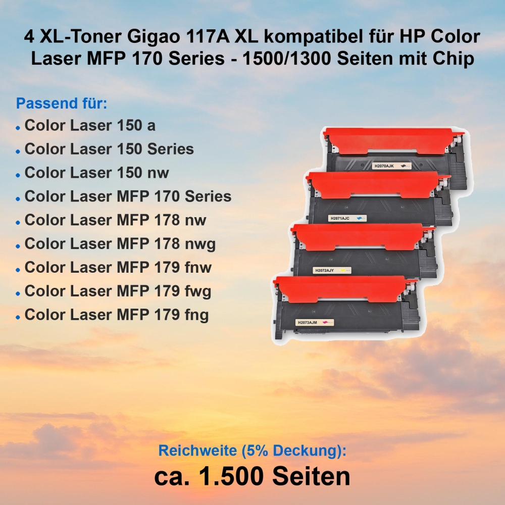 4 XL-Toner Gigao 117A XL kompatibel für HP Color Laser MFP 170 Series - 1500/1300 Seiten mit Chip