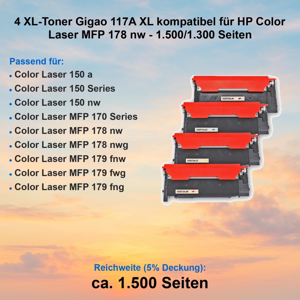 4 XL-Toner Gigao 117A XL kompatibel für HP Color Laser MFP 178 nw - 1.500/1.300 Seiten
