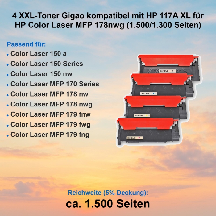 4 XXL-Toner Gigao kompatibel mit HP 117A XL für HP Color Laser MFP 178nwg (1.500/1.300 Seiten)