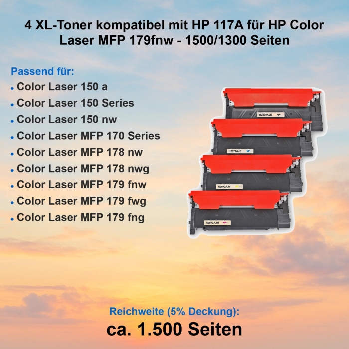 4 XL-Toner kompatibel mit HP 117A für HP Color Laser MFP 179fnw - 1500/1300 Seiten
