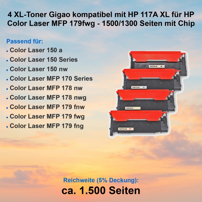4 XL-Toner Gigao kompatibel mit HP 117A XL für HP Color Laser MFP 179fwg - 1500/1300 Seiten mit Chip