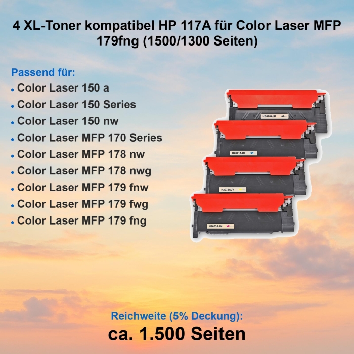 4 XL-Toner kompatibel HP 117A für Color Laser MFP 179fng (1500/1300 Seiten)