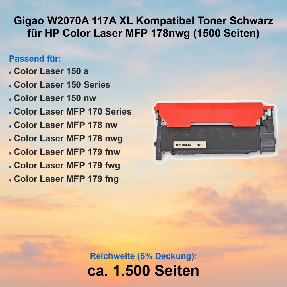 Gigao W2070A 117A XL Kompatibel Toner Schwarz für HP Color Laser MFP 178nwg (1500 Seiten)