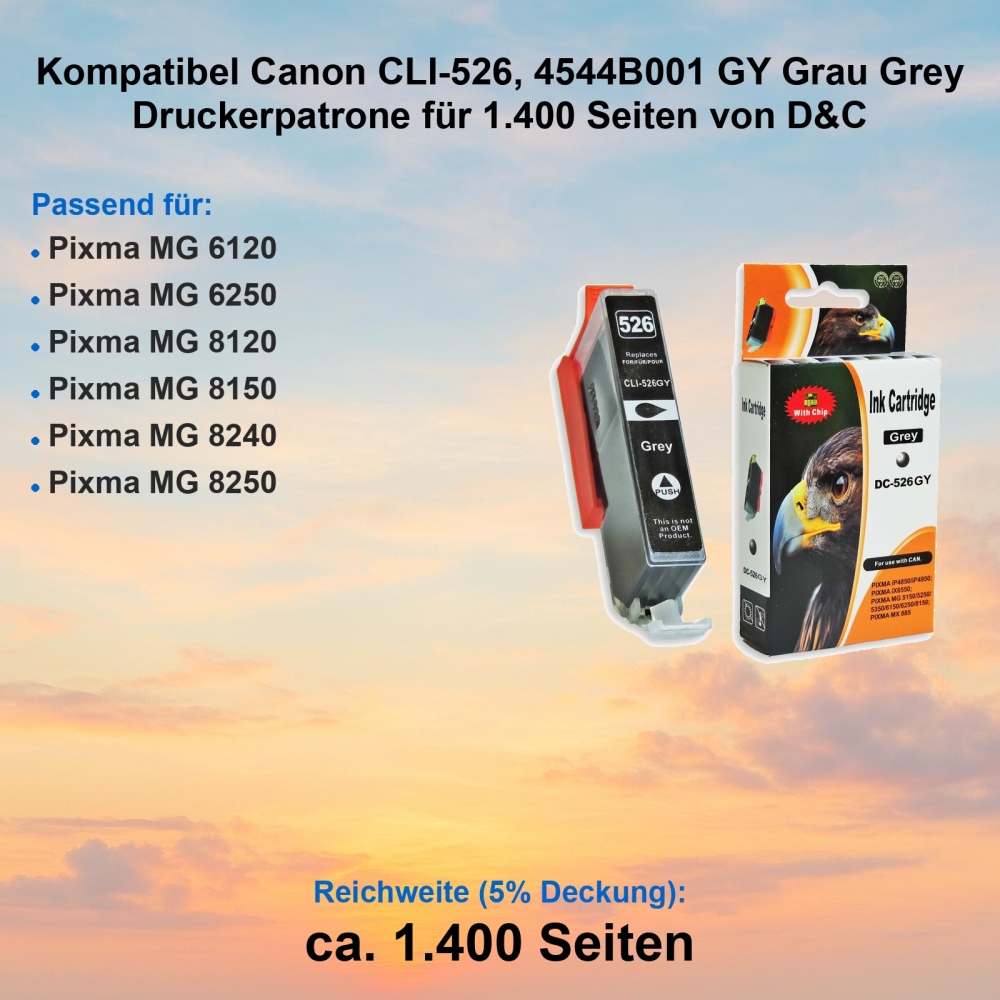 Kompatibel Canon CLI-526, 4544B001 GY Grau Grey Druckerpatrone für 1.400 Seiten von D&C