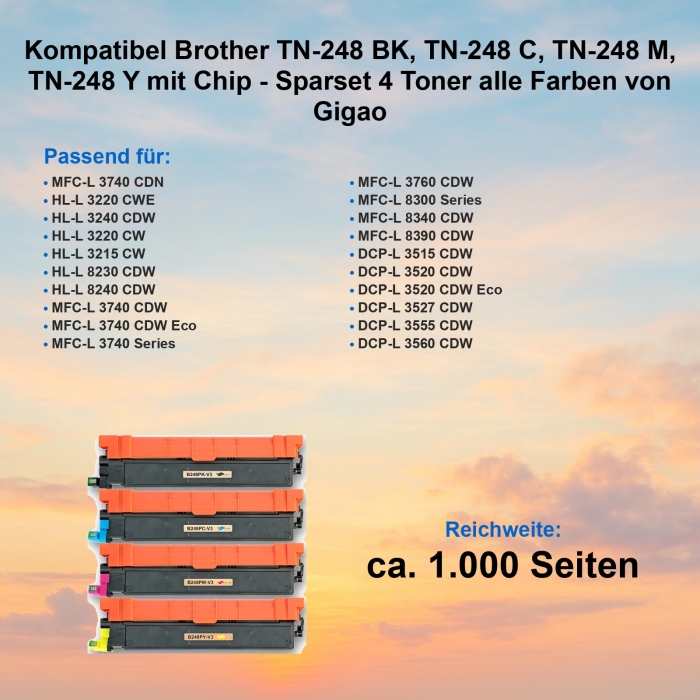 Gigao TN-248 Kompatibel Toner Set für Brother DCP-L3527CDW - 4 Farben mit Chip