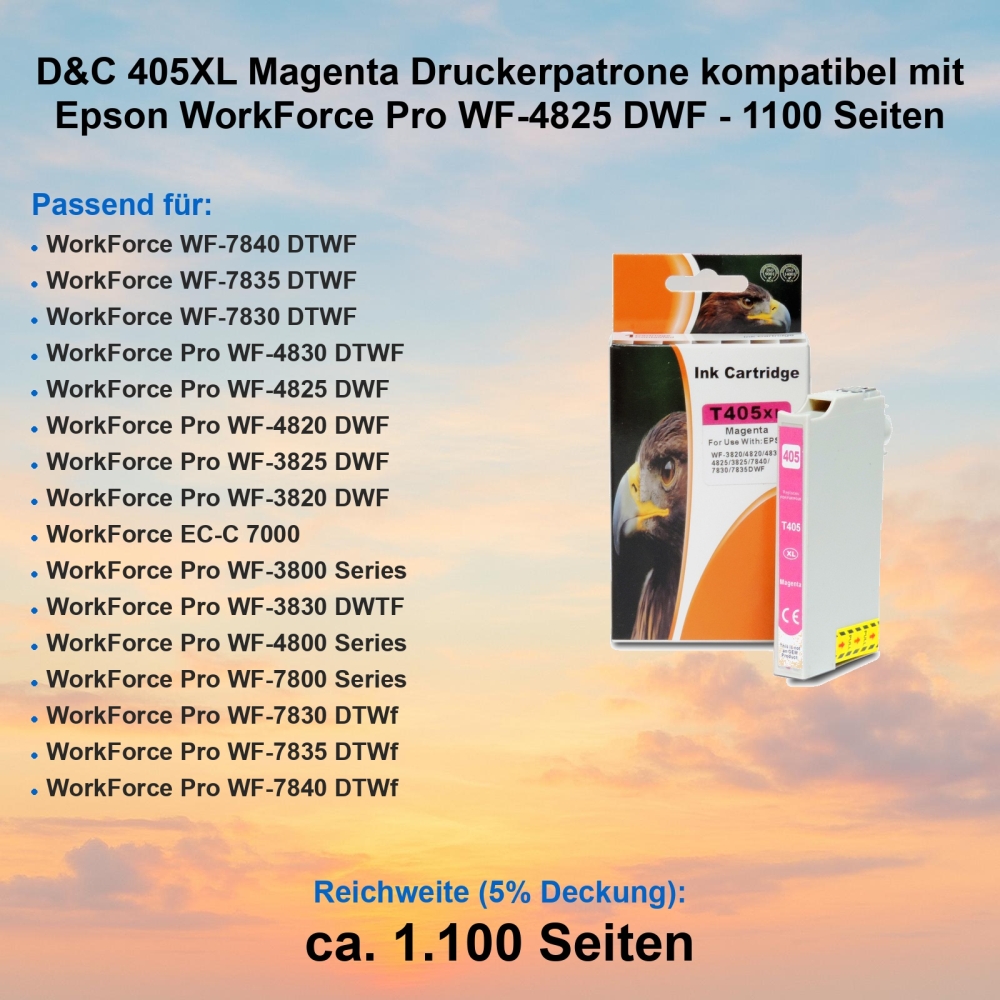 D&C 405XL Magenta Druckerpatrone kompatibel mit Epson WorkForce Pro WF-4825 DWF - 1100 Seiten