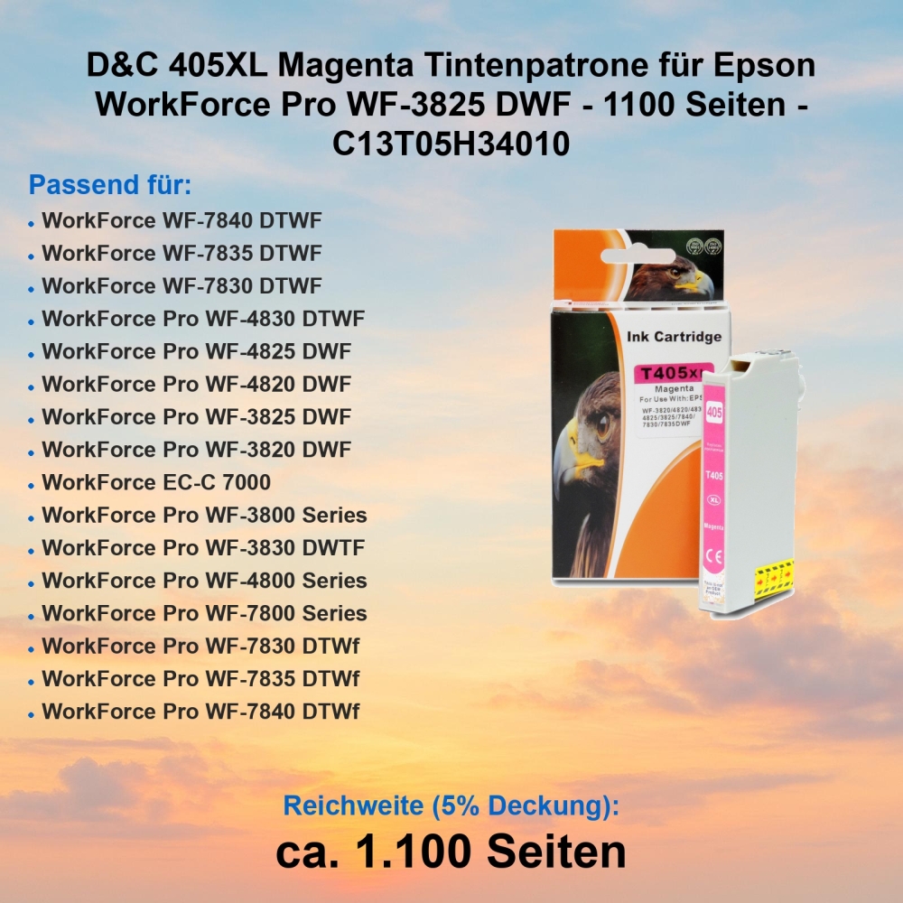 D&C 405XL Magenta Tintenpatrone für Epson WorkForce Pro WF-3825 DWF - 1100 Seiten - C13T05H34010